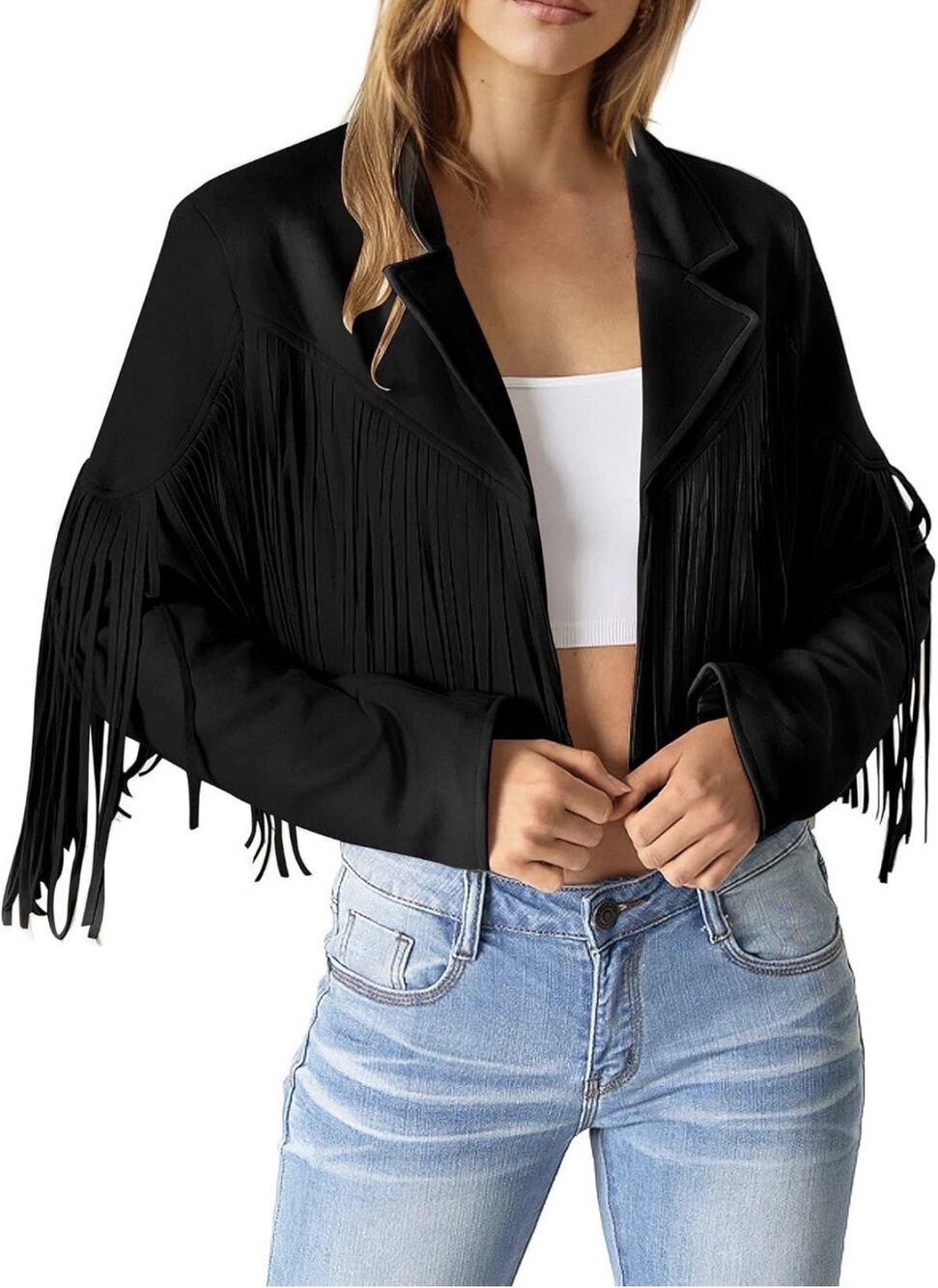 Pretty Garden Fringe Faux Suede Cropped Jacket Black Small Boho Western Festival